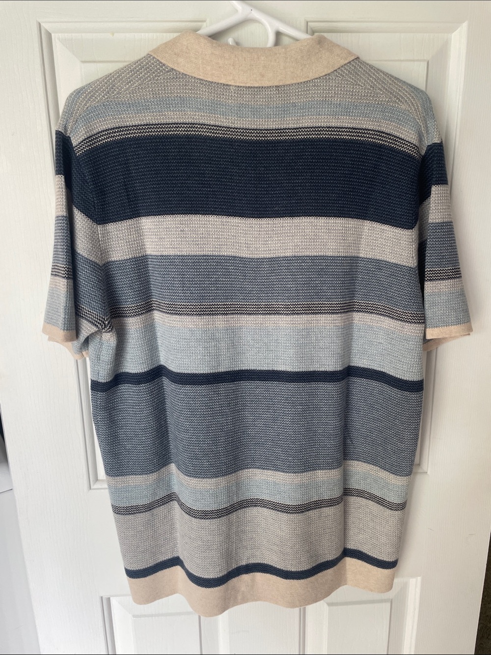 Marine Layer Men's Short-Sleeve Striped Polo in Navy, Light Blue & Beige - Picture 4 of 4